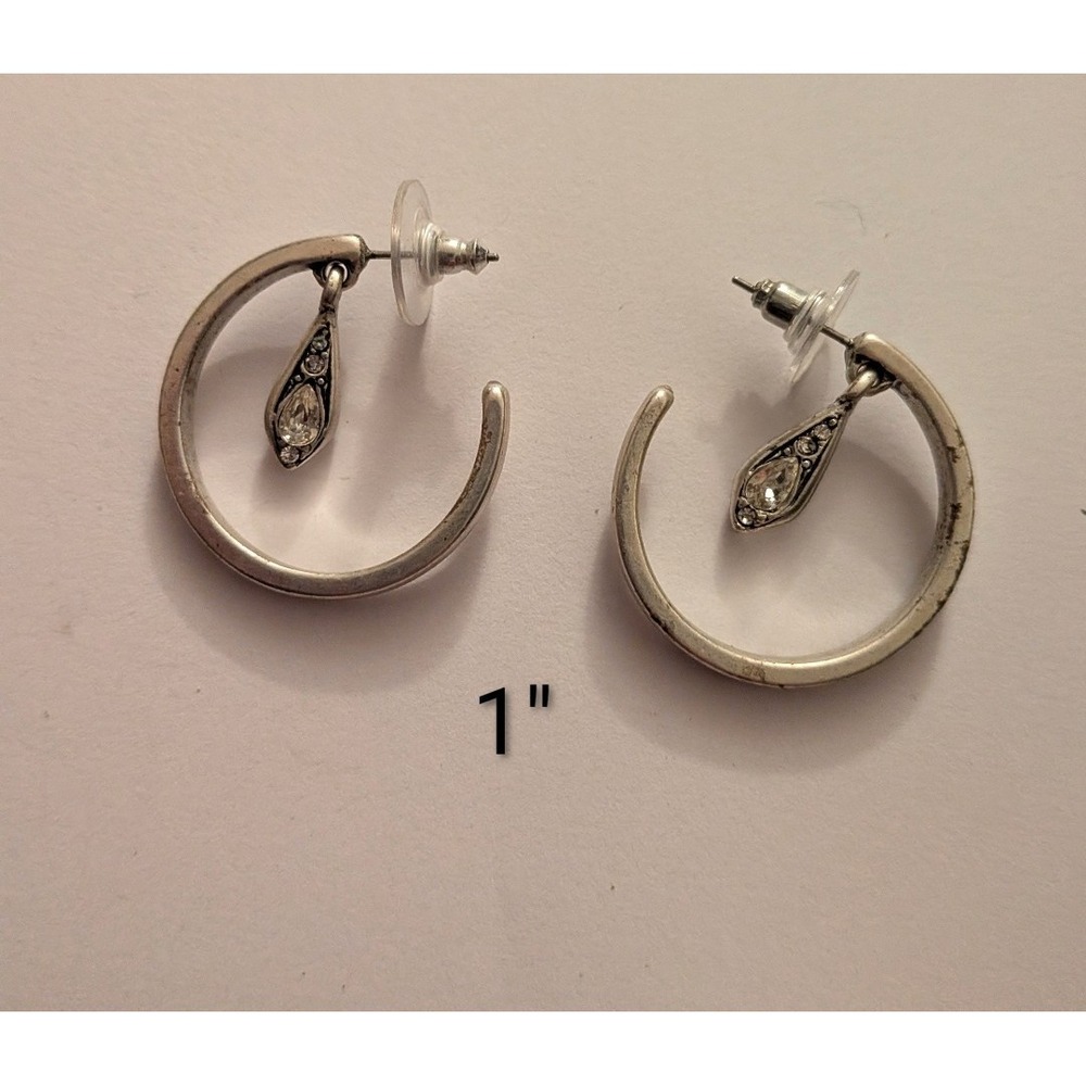 Silver Tone Open Hoop Earrings with Crystal Teardrop Dangle Charms 1 Inch